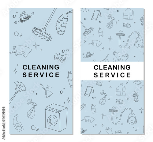 Vertical brochures with home cleaning. Flat vector illustration in doodle style.