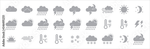 Weather icon set. Weather forecast vector icons for web and application. Contain symbol of rain, clouds, snowy, sunny, storm, lightning, hot and cold temperature. Vectors stock illustration isolated.