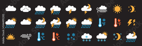 Weather icon set. Weather forecast vector icons for web and application. Contain symbol of rain, clouds, snowy, sunny, storm, lightning, hot and cold temperature. Vectors stock illustration.