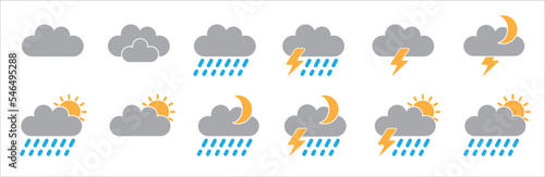Weather icon set. Weather forecast vector icons for web and application. Contain symbol of rain, clouds, sunny, storm, lightning, hot and cold temperature. Vectors stock illustration.