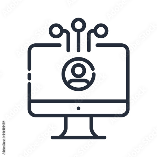 Black linear PC with profile icon with network social connection vector icon. Connection with PC profile and account concept icon design.