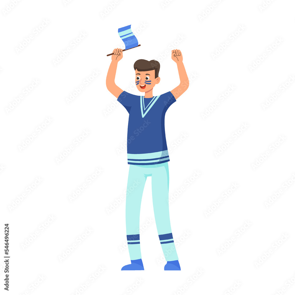 Football or soccer fan with small team flag in hand, flat vector illustration. Team of happy cartoon men and women with flags and scarve, crowd of people