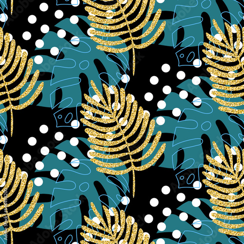 Tropical monstera palm leaf blue green gold on black background seamless pattern, decorative illustration