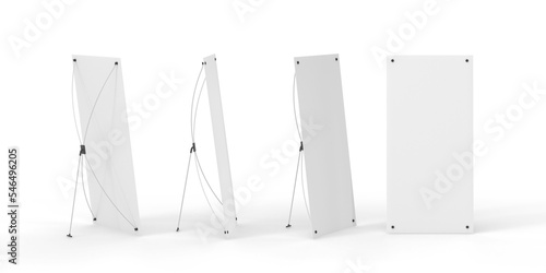 Blank x-stand mockup, white vertical banner in different angle view, 3d render. Realistic set flipchart for training or promotional presentation, board display isolated on background photo