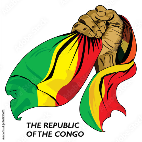 Fisted hand holding Congolese flag. Vector illustration of lifted Hand grabbing flag. Flag draping around hand. Scalable Eps format