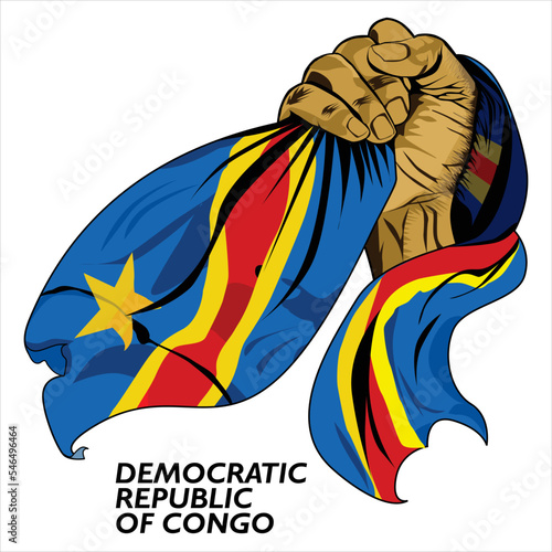 Fisted hand holding Democratic republic of Congo flag. Vector illustration of lifted Hand grabbing flag. Flag draping around hand. Scalable Eps format