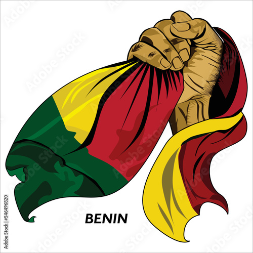 Fisted hand holding Beninese flag. Vector illustration of lifted Hand grabbing flag. Flag draping around hand. Scalable Eps format