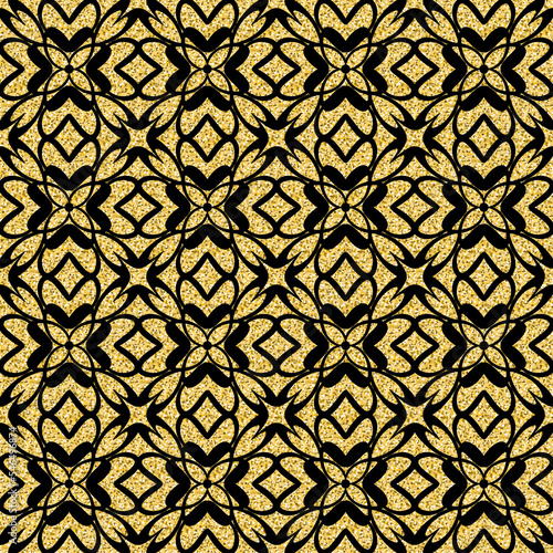 Symmetrical festive sparkling seamless pattern, golden black shimmer glitter background