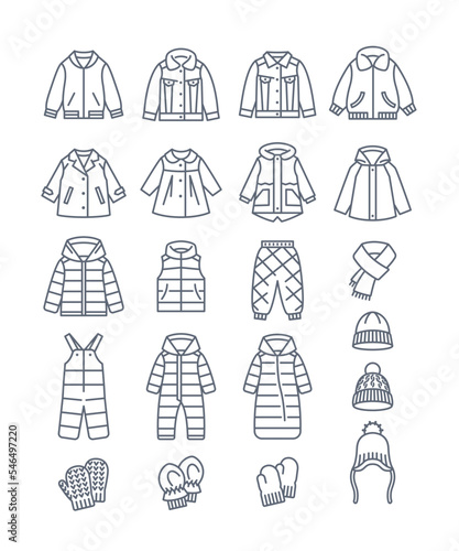 Baby outerwear warm clothes thin line icons. Jackets, coats, snowsuits, hats and mittens. Outline pictograms of kids clothing. Children wardrobe. Basic winter outfit for toddler, little boy or girl