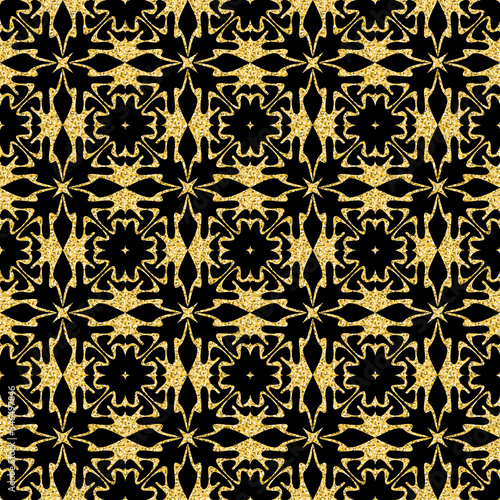 Arabic glitter pattern in gold on black background, seamless pattern shimmer sparkling background for design