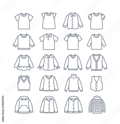 Baby clothes thin line icons. Simple linear pictograms of kids clothing. Different shirts, sweaters, cardigans and vests. Outline children wardrobe garment. Cute outfit for toddler, little boy or girl