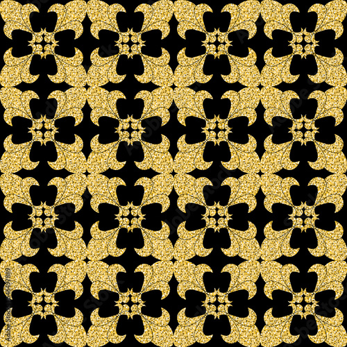 Arabic glitter pattern in gold on black background, seamless pattern shimmer sparkling background for design