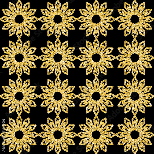 Ornate gold black flower, fantasy flower sparkling shimmer glitter seamless pattern for textile