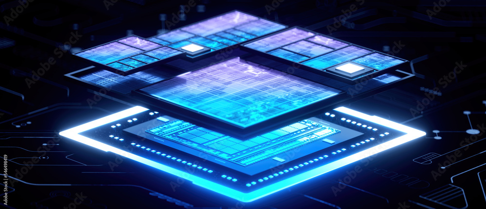 3D rendering of cyberpunk AI. Circuit board. Technology background. Central Computer Processors CPU and GPU concept. Motherboard digital chip. Tech science background. 3D rendering of cyberpunk AI. Circuit board. Technology background. Central Computer Processors CPU and GPU concept. Motherboard digital chip. Tech science background.