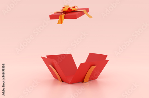 Open Christmas gift box for product advertisement on red or pink background, 3d rendering illustration. Holiday banner, web poster, flyer, stylish brochure, greeting card, Xmas background