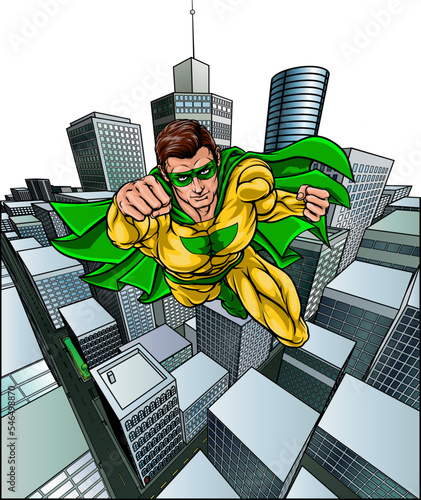 A super hero man flying through a city in a classic superhero pose
