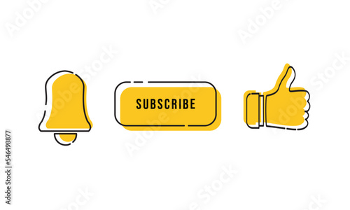 Vector graphic doodle art illustration of subscribe button, like and notification bell icon. Using the yellow color option, it is designed in a flat style. Perfect for digital communication, vlogs.