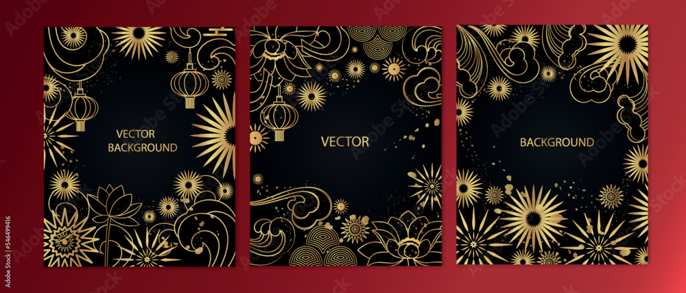 Vector postcards with golden Asian symbols on a black background. Asian background.