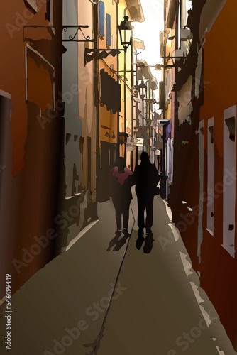 Illustrazione di arte digitale generata dall'intelligenza artificiale di coppia che passeggia lungo la via