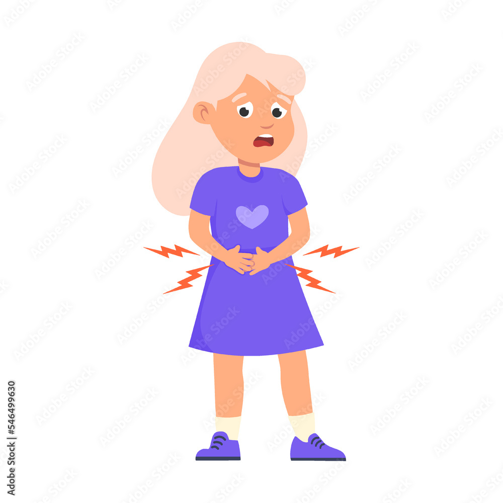 girl with stomach pain. Cute children as medical patient vector illustration. Disease symptoms cartoon kid on white background. Health