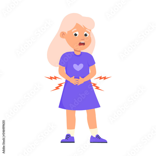 girl with stomach pain. Cute children as medical patient vector illustration. Disease symptoms cartoon kid on white background. Health