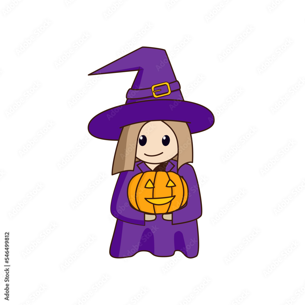 Little cute cartoon witch holds a smiling pumpkin in her hands.
