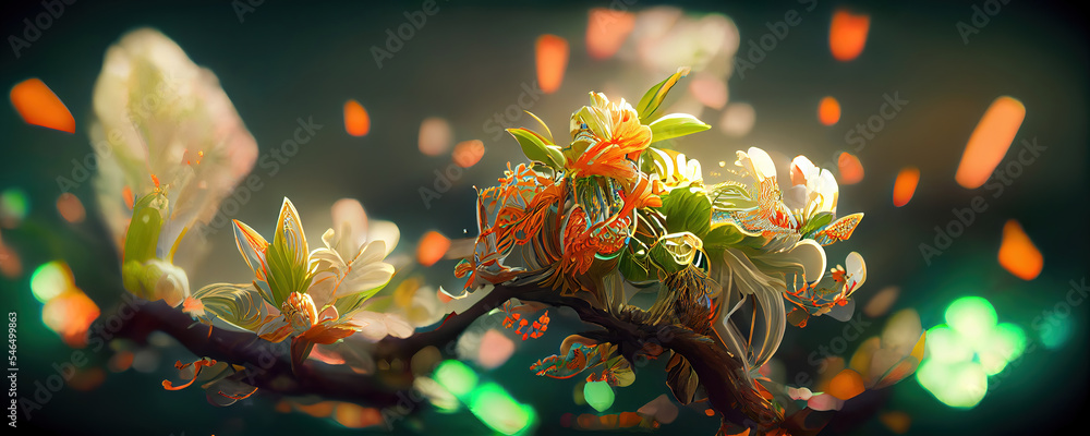 beautiful fantasy magical floral background with colorful lights as panorama header wallpaper
