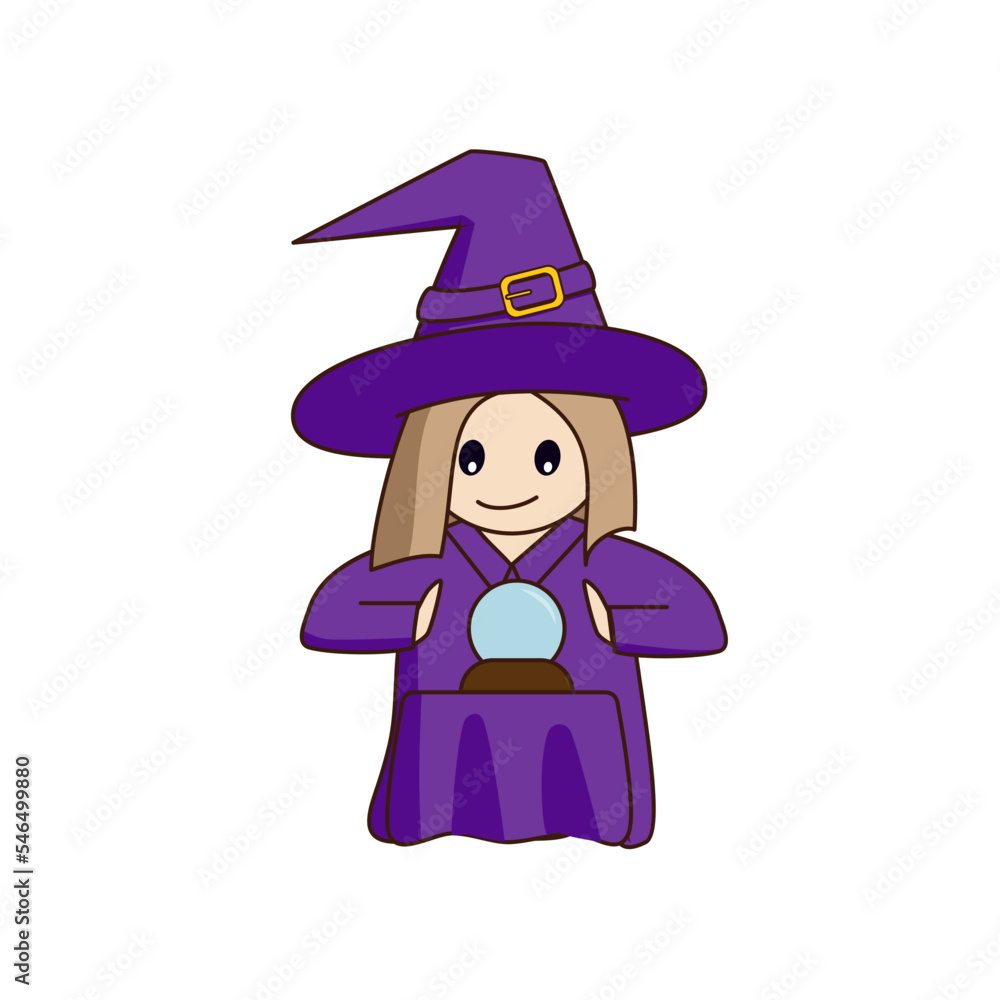 Little cute cartoon witch looks into a magic ball. Little cute cartoon witch looks into a magic ball.