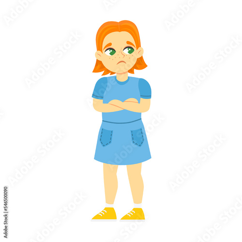 expression of upset and offended girl vector illustration. Emotional cartoon character isolated on white background