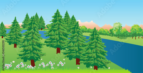Vector illustration with a landscape with a forest aside of a river.  Far away in a distance can be seen the mountains.