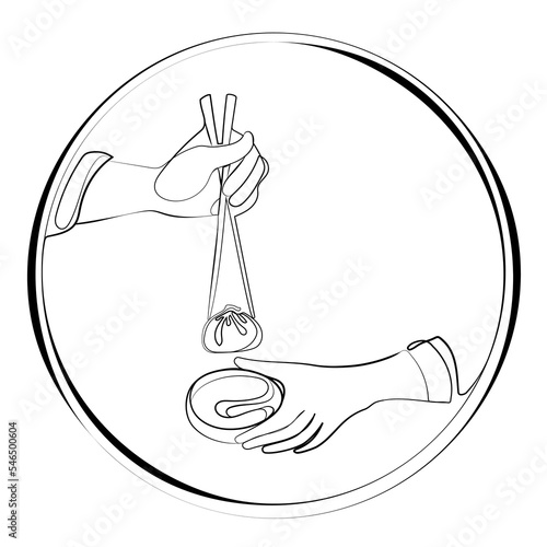 Dim sum dumplings with chopsticks for logo,emblem template Line art drawn vector illustration.Hands with chopsticks,dim sum and sauce,design for menu cafe,restaurant,poster,banner,sticker.Asian food 