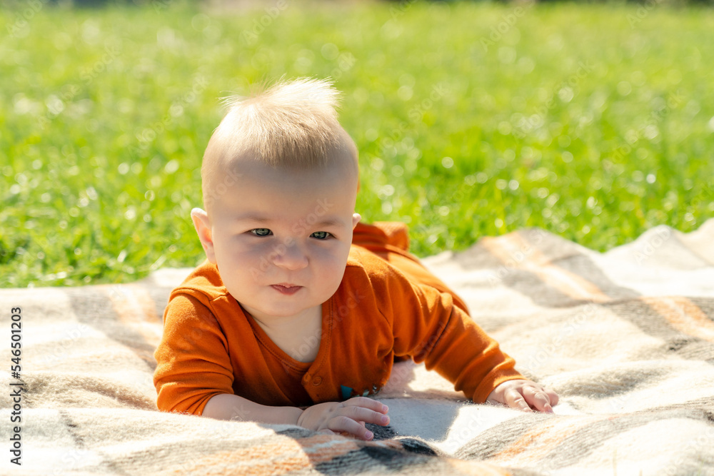 Beautiful baby lying on the plaid on sunny grass Beautiful baby lying on the plaid on sunny grass