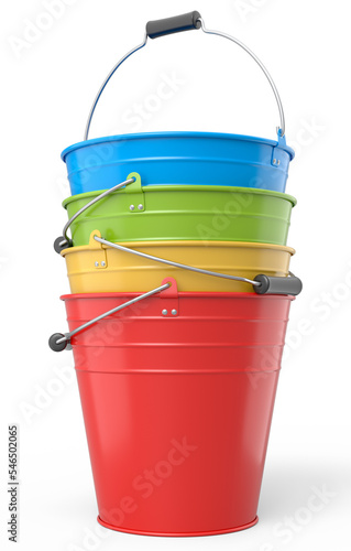 Set of metal garden buckets for hydration of plants isolated on white background