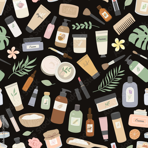 Seamless pattern with organic cosmetics, cream, lotion, shampoo, essential oil, makeup, sea salt. Skin and hair care products and tropical leaves flat vector illustration