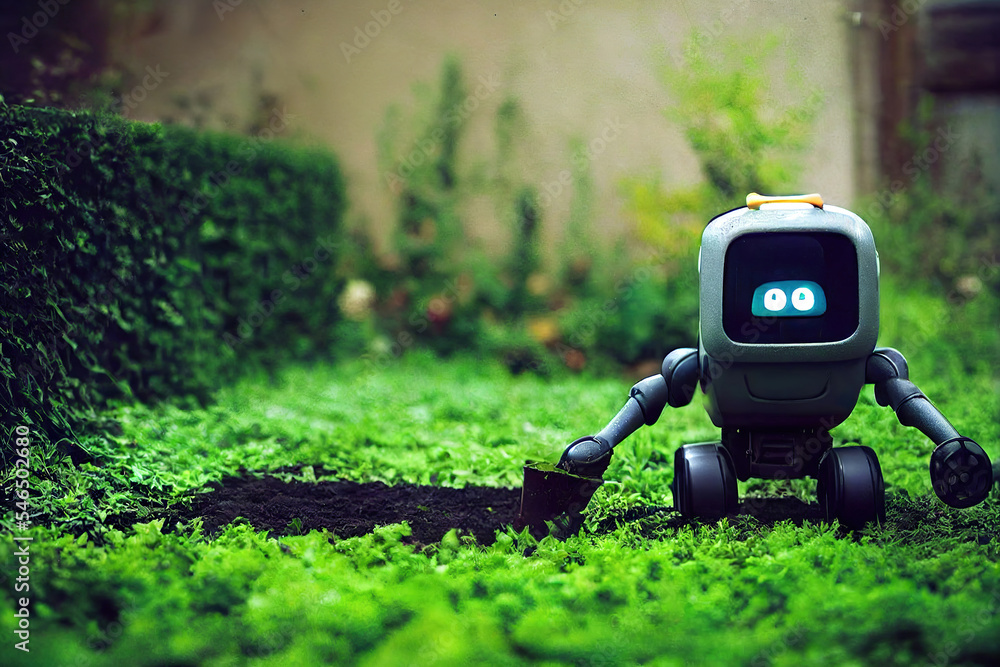 Smart farming agricultural technology, cute robot farmer working in the garden Smart farming agricultural technology, cute robot farmer working in the garden