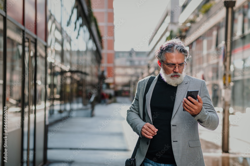 Senior businessman standing outside and using smartphone Senior businessman standing outside and using smartphone