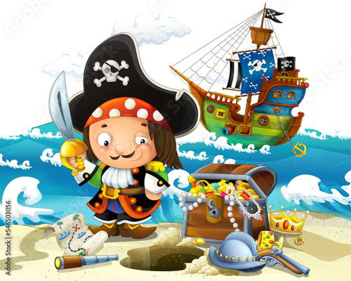 cartoon scene with pirate ship sailing through the seas illustration for children