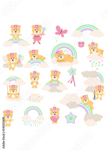Set of digital elements of sweet dreams with princess teddy bear