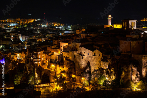 Vista nocturna de la ciudad de Cuenca desde mirador, España photo