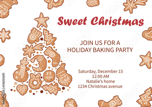 Template with gingerbread cookies for Holiday Baking Party, Invitation for Cookie decoration celebration, Cookie exchange, Christmas greeting card. Place for text. Vector illustration.