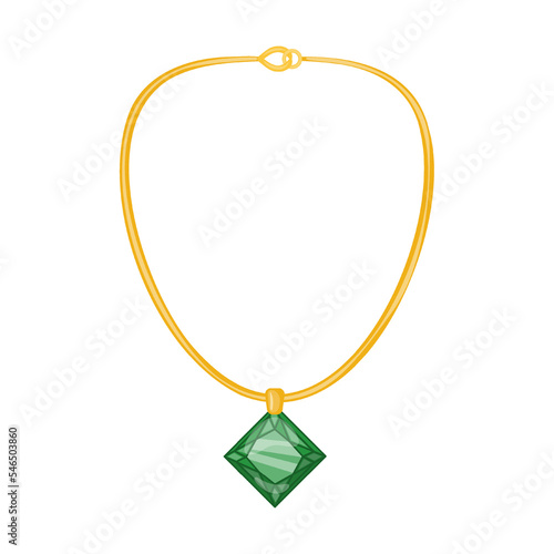gold necklace with square emerald jewelry vector illustration. Gold, silver, pearl jewellery. Stone or diamond rings, earrings, bracelets