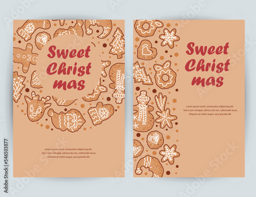 Templates with gingerbread cookies for Holiday Baking Party, Invitation for Cookie decoration celebration, Cookie exchange, Christmas greeting card. Place for text. Vector illustration.