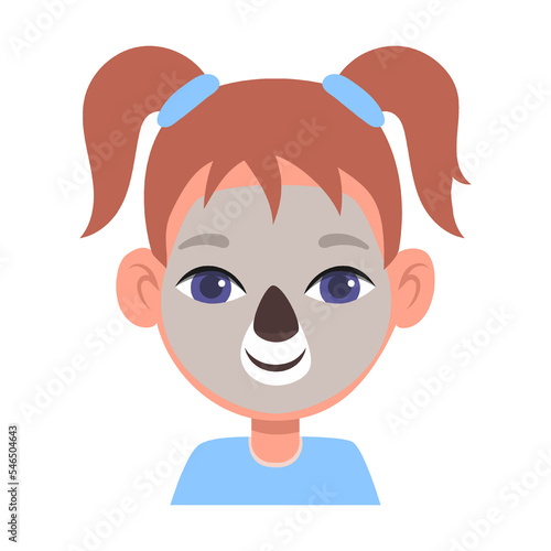 Portrait of kid with face koala mask, makeup vector illustration. Children with creative face painting or mask, animals and heroes isolated on white background