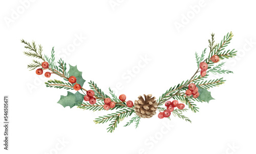 Watercolor vector Christmas wreath with fir branches and holly berry.