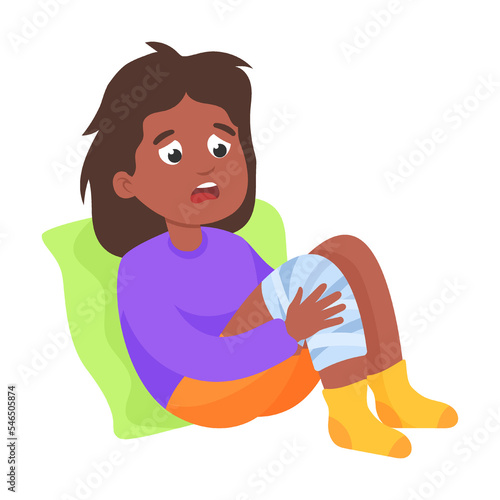 girl with bandaged knee after sports injury. Cute children as medical patient vector illustration. Disease symptoms cartoon kid on white background. Health