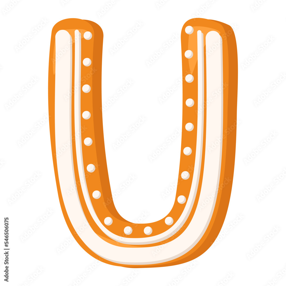 Letter U made from glazed gingerbread. Festive font, symbol of Happy New Year and Christmas, sign and letters of different shapes. Vector flat illustration Letter U made from glazed gingerbread. Festive font, symbol of Happy New Year and Christmas, sign and letters of different shapes. Vector flat illustration