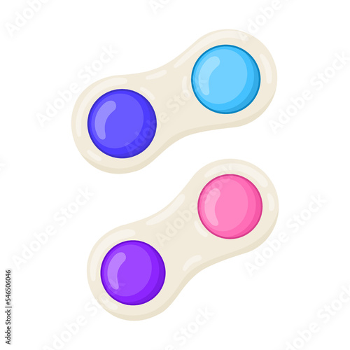 pair of doubles Colorful pop it and simple dimple toy vector illustration. Popular sensory fidget toy rainbow colored antistress gadget