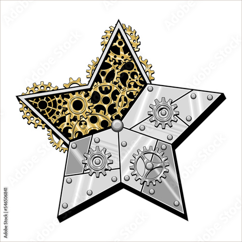 Christmas star made of shiny silver metal plates, gears, cogwheels, rivets in steampunk style. Vector illustration.
