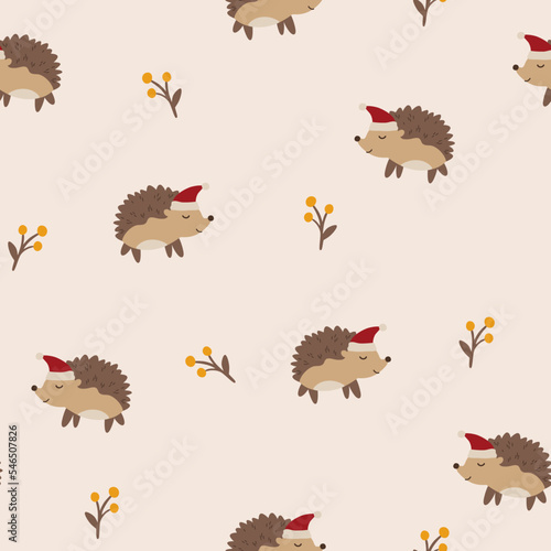 Hedgehog seamless vector pattern. The limited palette is ideal for printing textiles, fabric, wrapping paper Simple hand drawn illustration of a forest hedgehog character in Scandinavian style.