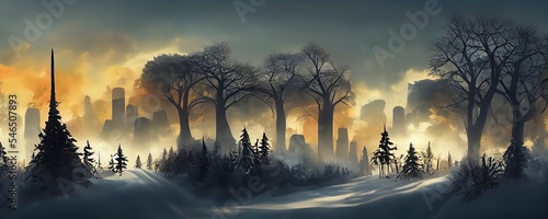Print op canvas Dreamy mysterious fantasy winter landscape illustration